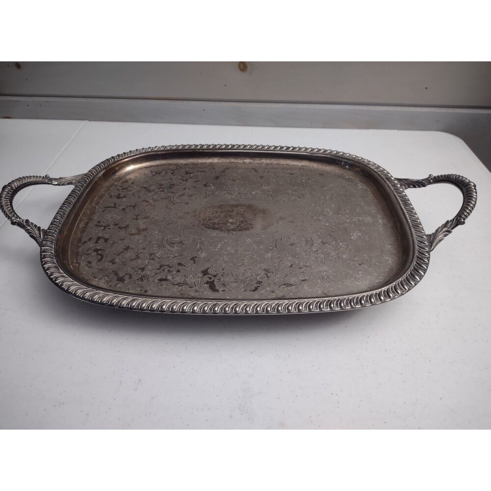 Large Vintage Leonard Silver Plate Engraved Serving Tray Handles 23x14" Footed
